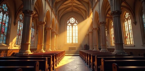 Fototapeta premium A serene church interior bathed in sunlight, highlighting stained glass and ornate details, conveying peace and spiritual devotion , gothic, god