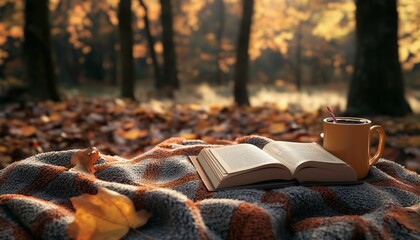 Book and coffee on balcony with autumn forest plant
