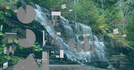 Starting on forest waterfall, panels sliding in and visualizing pie charts and analytics overlay - Powered by Adobe