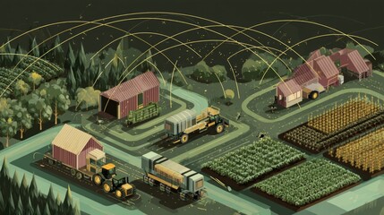 Modern agricultural operations utilizing technology in rural landscape digital illustration aerial view innovation in farming