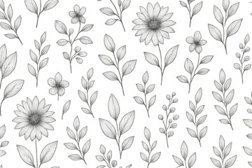 Delicate floral pattern with hand-drawn botanical elements, transparent backdrop creating versatile design for fabric, gift wrap, and interior decor