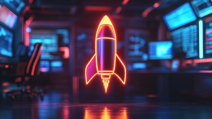 A neon rocket icon lighting up in a futuristic financial trading room 