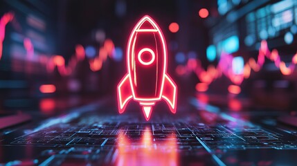 A neon rocket icon lighting up in a futuristic financial trading room 