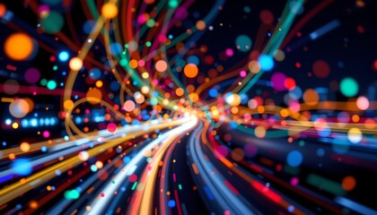 colorful abstract light trails, dots, lines, and bokeh on dark background with long exposure, on right side with clear copy space on left for photo.