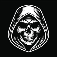 Grim Reaper Skull in Hood on Black Background