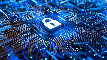 Cybersecurity visualization with digital lock, symbolizing data protection, privacy, secure network, encryption, and modern information technology security concept