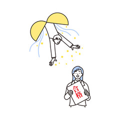 くす玉と合格して喜ぶ女子高校生と男性の先生のシンプルなイラスト素材