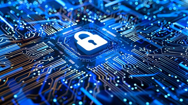 Cybersecurity visualization with digital lock, symbolizing data protection, privacy, secure network, encryption, and modern information technology security concept