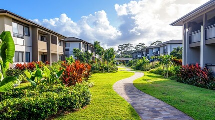 Naklejka premium A serene garden with a winding path, lush green grass, and a variety of colorful flowers, set against a backdrop of a clear blue sky with fluffy white clouds.