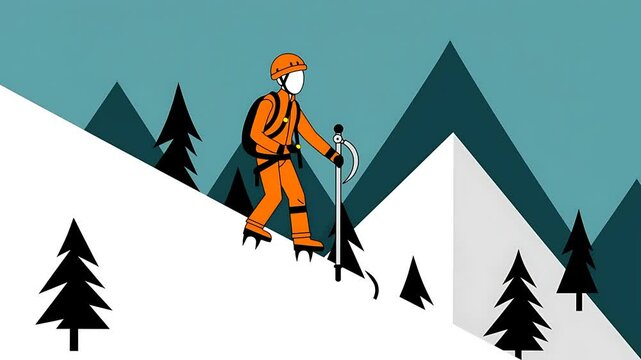 Climber Ascending Snowy Mountain Peak - Flat Vector Illustration