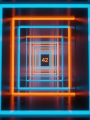 Neon-lit tunnel with glowing orange and blue squares, featuring the number 42 at the center.