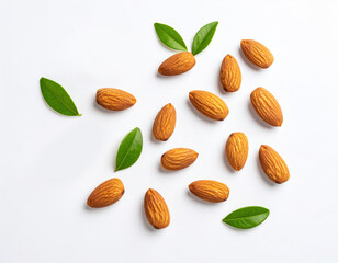 Fresh Almonds with Green Leaves on White Background