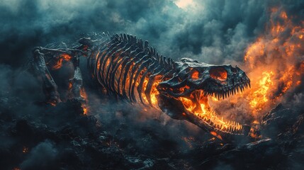 Colossal dragon skeleton turned into a fortress flames flickering inside its hollow ribs mystical fantasy concept