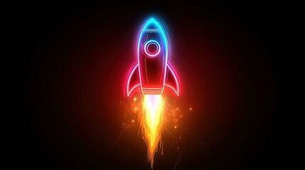 A glowing neon rocket ship launching, symbolizing a startupâ€™s rapid growth 