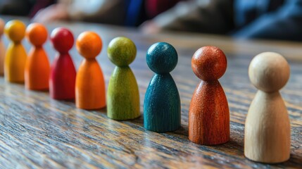 A group of wooden figurines arranged in a row on a wooden table with a blurred background.