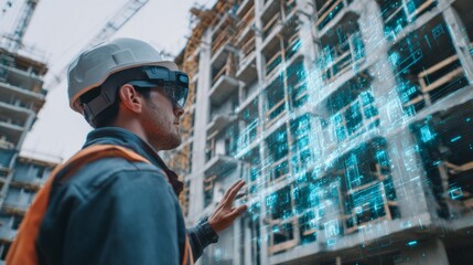 Construction worker using augmented reality technology at building site urban environment digital interface