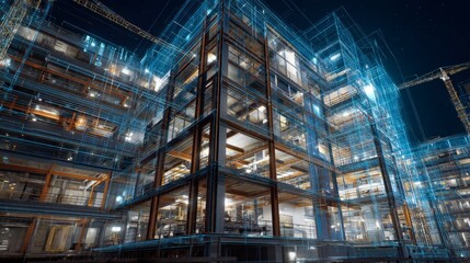 Fototapeta premium Construction progress of high-rise building urban city 3d visualization night view modern architecture concept