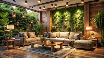 Snug and intimate living room with soft lighting and plush couches, surrounded by lush greenery and warm wood accents , nature elements, peaceful ambiance