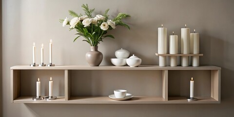 Contemporary shelf unit with clean lines and low profile, holding candlesticks and a stunning white ceramic vase filled with fresh flowers in warm mocha tones, flowers, ceramic