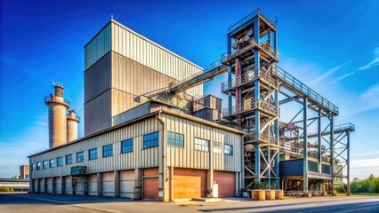 Industrial building stands tall with a clear blue sky in the background, conveying a sense of grandeur and industrial might , industrial equipment, low angle view