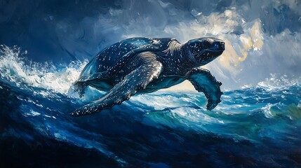 Fototapeta premium Colossal leatherback sea turtle navigating the open ocean its massive form shadowed by the waves deep blue hues cinematic marine realism