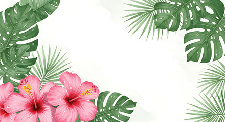 Vibrant Tropical Flowers and Leaves Watercolor Illustration Border with Pink Hibiscus and Green Monstera on White Background