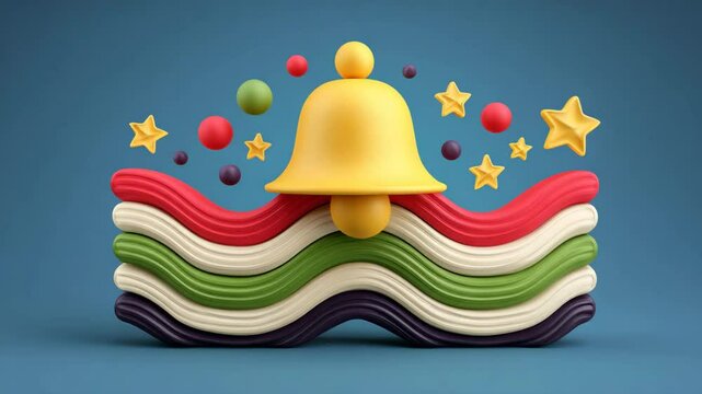 A whimsical and colorful bell with star and bubble embellishments against a soothing blue backdrop. The bell's design adds a touch of joy and celebration