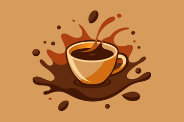 Realistic vector set of elements (coffee beans background, coffee cup, a coffee splash, pile and stain, logo