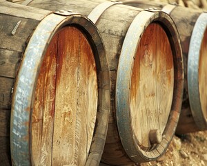Aged wooden barrels