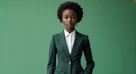 African girl in formal concept on green plain bright background fashion outfit commercial photoshoot pose with copy space
