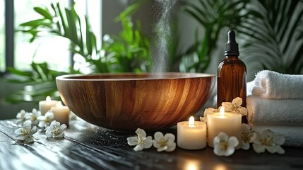 Obraz premium Wooden bowl spa set with candles, flowers, and oil
