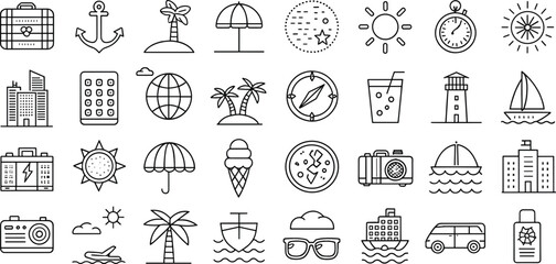 Set of 36 summer travel and vacation line icons including suitcase, anchor, palm tree, umbrella, sun, compass, boat, and beach elements