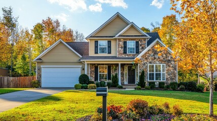 A cozy, well-kept suburban home with a green lawn and a stone facade, surrounded by autumn trees with yellow and orange leaves, under a clear blue sky with a few scattered clouds.