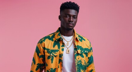 Fototapeta premium African guy in summer concept on pink plain bright background fashion outfit commercial photoshoot pose with copy space