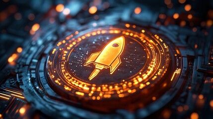 A futuristic currency coin with a glowing rocket emblem