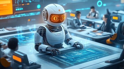 A futuristic AI-powered assistant helping a startup team optimize productivity 