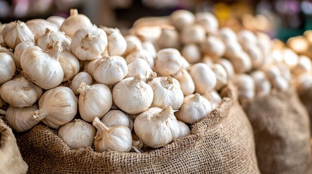 A pile of garlic bulbs in burlap sacks on a market stall.
