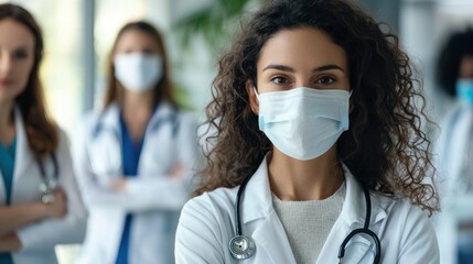 A young woman in a white lab coat with a stethoscope around her neck, standing in a hospital setting with other healthcare professionals in the background.