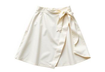 A cream-colored wrap skirt with a side bow tie and a flared silhouette.