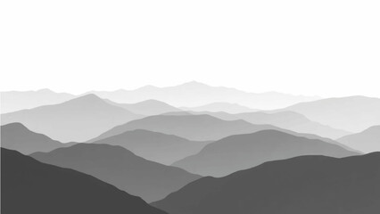 Create a minimalist vector illustration of layered mountain ranges in grayscale. The design should feature soft gradients and overlapping silhouettes to convey depth, with the closest mountains in dar