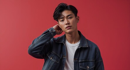 Fototapeta premium Asian guy in travel concept on red plain bright background fashion outfit commercial photoshoot pose with copy space
