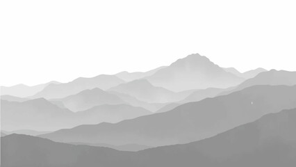Create a minimalist vector illustration of layered mountain ranges in grayscale. The design should feature soft gradients and overlapping silhouettes to convey depth, with the closest mountains in dar