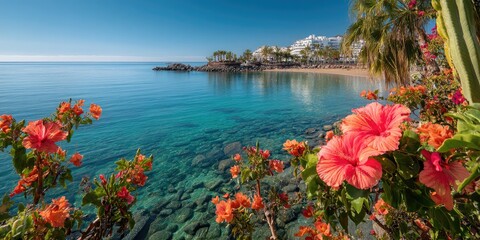Anfi Beach Framed by Exotic Flora: Capture the vibrant colors of hibiscus flowers and exotic cacti framing the views of Anfi Beach, enhancing its tropical appeal. 