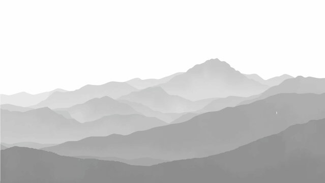 Create a minimalist vector illustration of layered mountain ranges in grayscale. The design should feature soft gradients and overlapping silhouettes to convey depth, with the closest mountains in dar