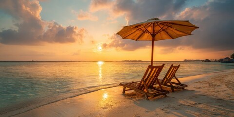 Deckchairs Under Parasol at Sunset. Two deckchairs under a parasol on a tropical beach at sunset. 