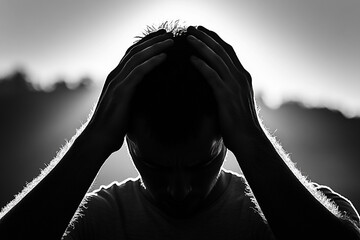 Man holding his head in his hands silhouette