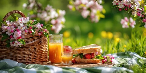 Picnic basket, sandwiches, fruit and juice lying on a tablecloth spread on the grass. Spring nature and flowers in the background. May picnic outdoors. 