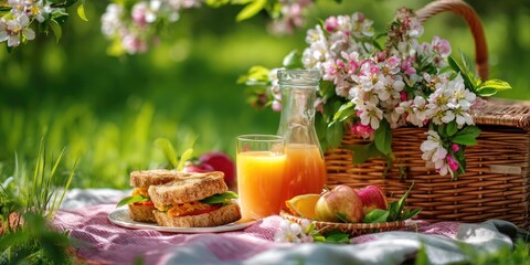 Picnic basket, sandwiches, fruit and juice lying on a tablecloth spread on the grass. Spring nature and flowers in the background. May picnic outdoors. 