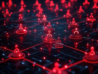 Abstract digital network with interconnected nodes, representing data flow and technological advancements, 3D render.