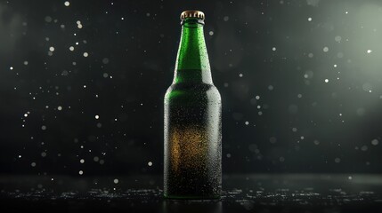 A green beer bottle with condensation on it, standing upright on a dark surface with a blurred background.